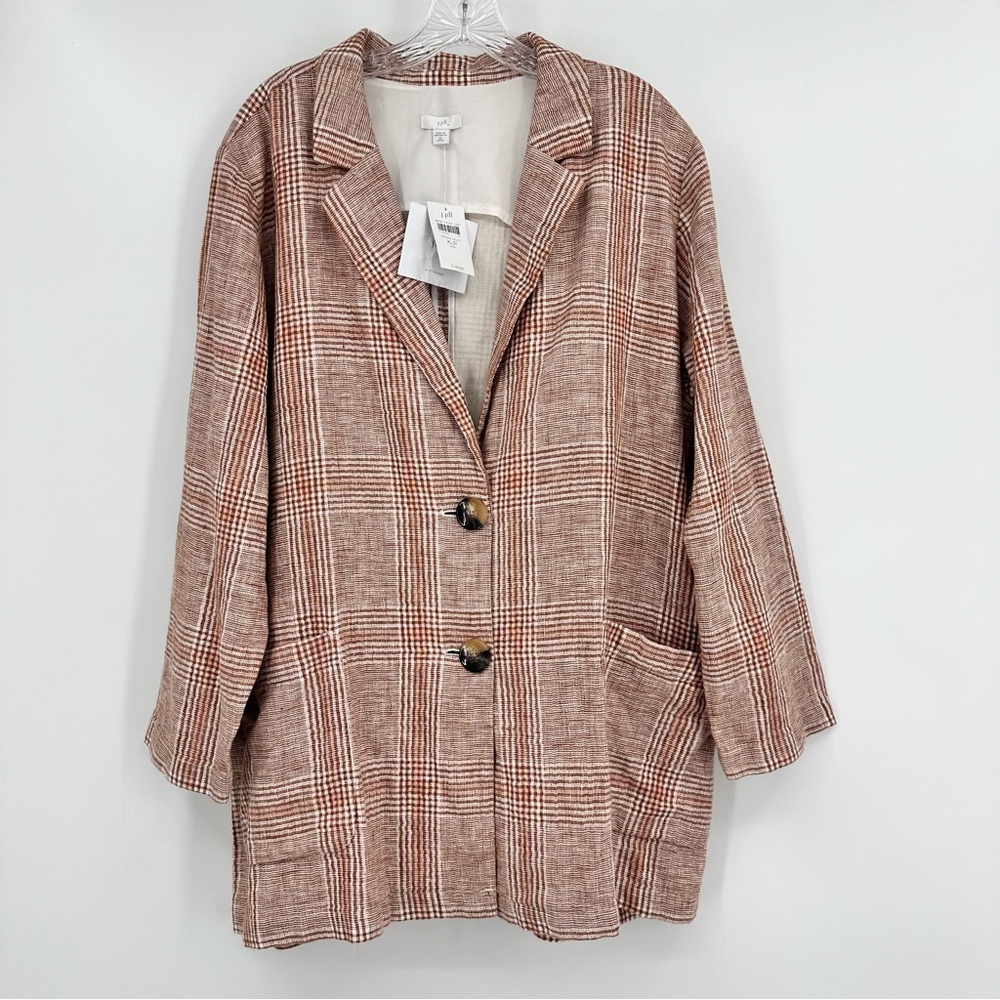 J. Jill NWT Harper Linen Blend Plaid Relaxed Fit Blazer Brown Size XL Petite - Picture 2 of 9